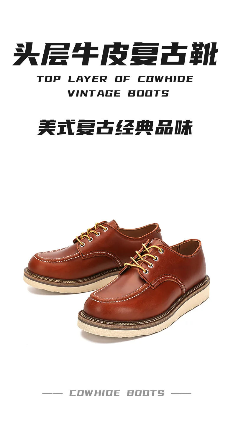 KOWM cow leather Hiking shoes Brown trekkin boots men  low cut workwear big toe shoes trendy casual ankle shoes walking sneakers