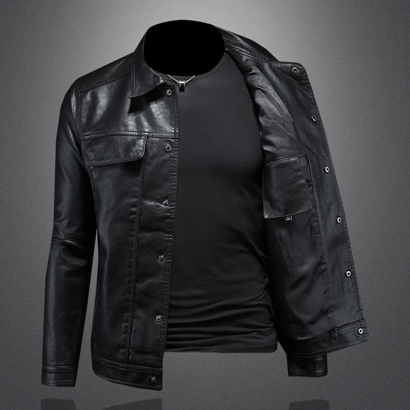 2024 Autumn and Winter New Men's Fashion Handsome with Solid Color Boutique Lapel Motorcycle Leather Coat Slim Fashion  M-5XL