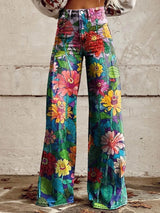Women’s Retro Denim-Print Flared Trousers | USA Street Style Leg-Lengthening Tall Pants
