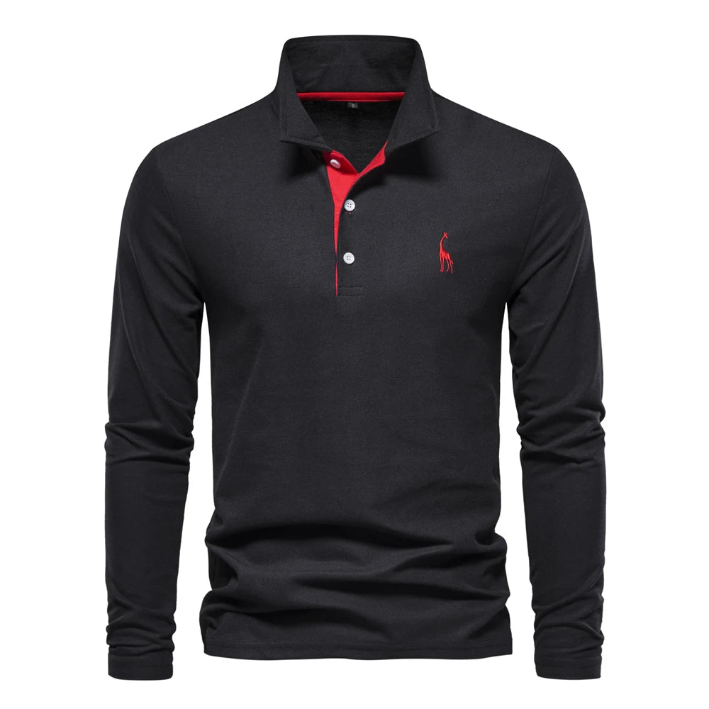 AIOPESON Men's Deer Embroidery Polo Shirt – Long Sleeve