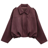 HXAO Women's Bomber Jacket Lapel Long Sleeve Zipper Suede Jacket Women 2025 High Street Cropped Racing Jackets Coats Outerwears