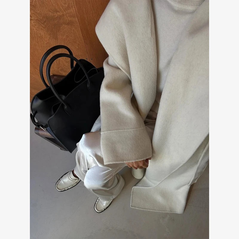 Navy Collar Lace Up Woolen Long Coat Women Elegant V-neck Full Sleeves Pockets Loose Overcoat 2026 Spring Lady Daily Street Wear