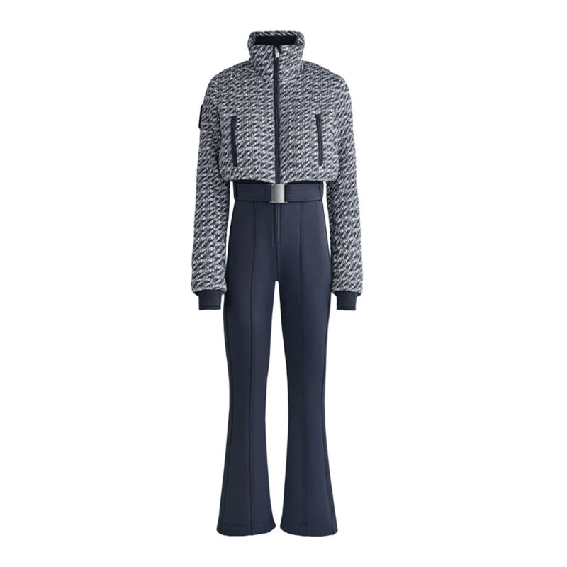 Elegant Geometric Print Ski Jumpsuit - High-Waist Winter Romper