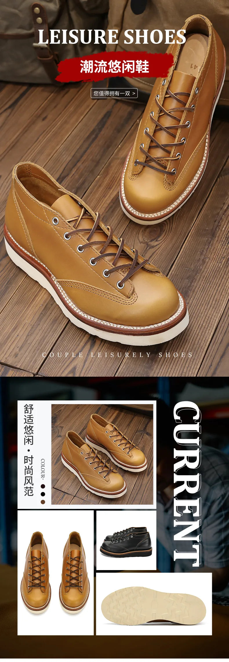 KOWM cow leather Hiking shoes Brown trekkin boots men  low cut workwear big toe shoes trendy casual ankle shoes walking sneakers