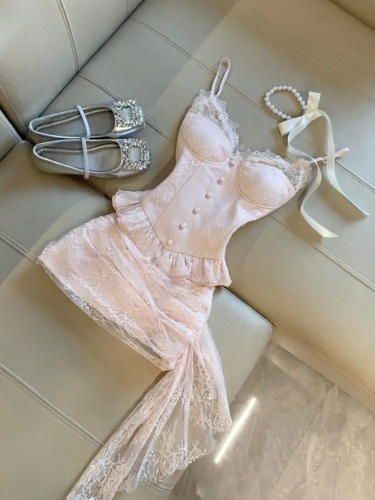 2026 Summer Sweet Pure Desire Style Party Outfit New Sexy Camisole Top + Bodycon Skirt Suit France Elegant Two Piece Set 2026
