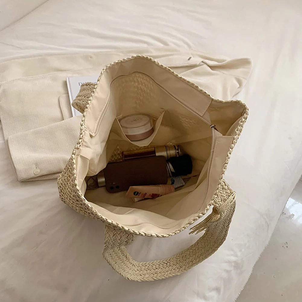 Woven Handbags Ladies Summer Woven Totes Bag with Tassel Women Shoulder Bag Large Capacity Fashion Straw Female Shopper Bag