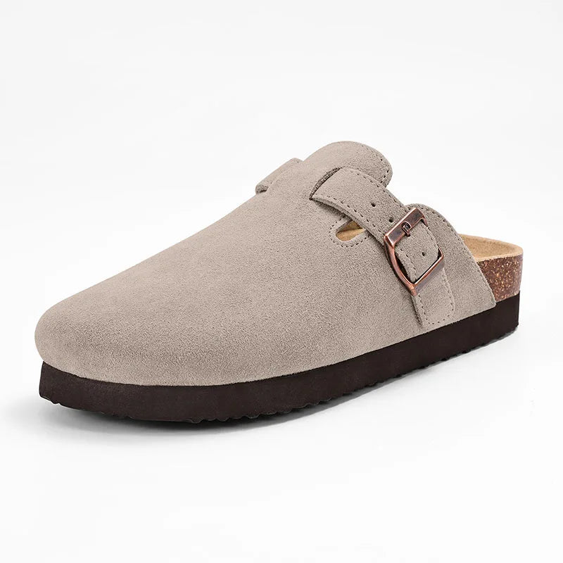 Evshine Men's Suede Clogs Fashion Leather Mules Cozy Footbed Slippers With Adjustable Buckle AntiSlip Cork Slippers Unisex Mules
