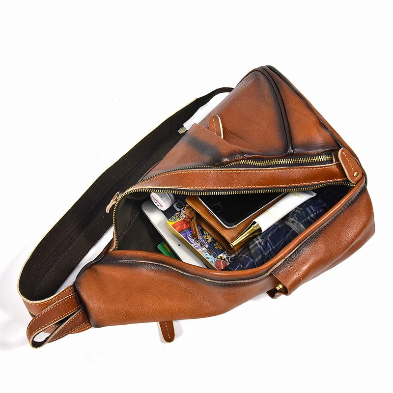 Single Shoulder Bagpack Genuine Leather Chest Bag Outdoor Riding Bag Chest Packs For Biker Men Male Sling Bags Cow Leather