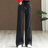 Winter Wide Leg Denim Pants Women Thicken Plush Velvet Lined High Waist Jeans Lace Up Warm Baggy Straight Vaqueros Pantalones