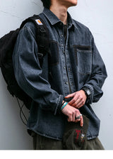 Mens High Quality Custom Weave Slub Deconstructed Patchwork Denim Shirt Trendy Distressed Wash Streetwear Casual Long Sleeve