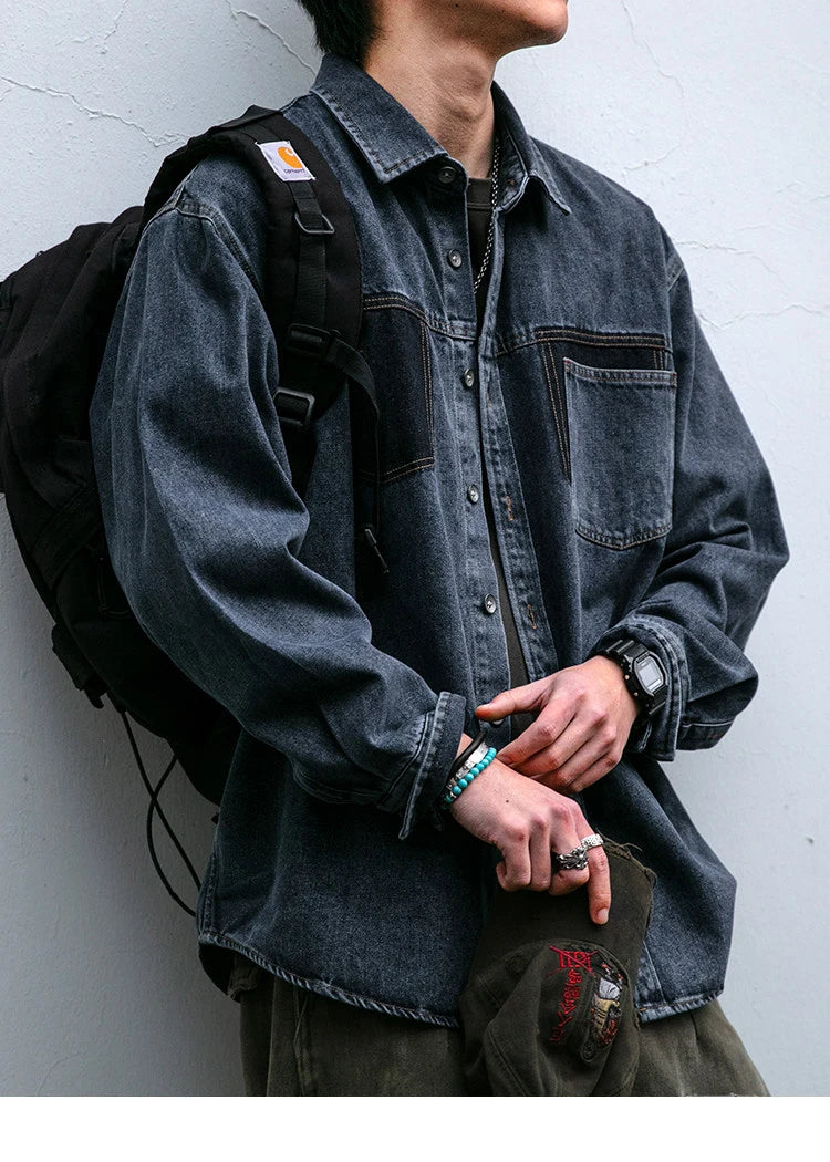 Mens High Quality Custom Weave Slub Deconstructed Patchwork Denim Shirt Trendy Distressed Wash Streetwear Casual Long Sleeve
