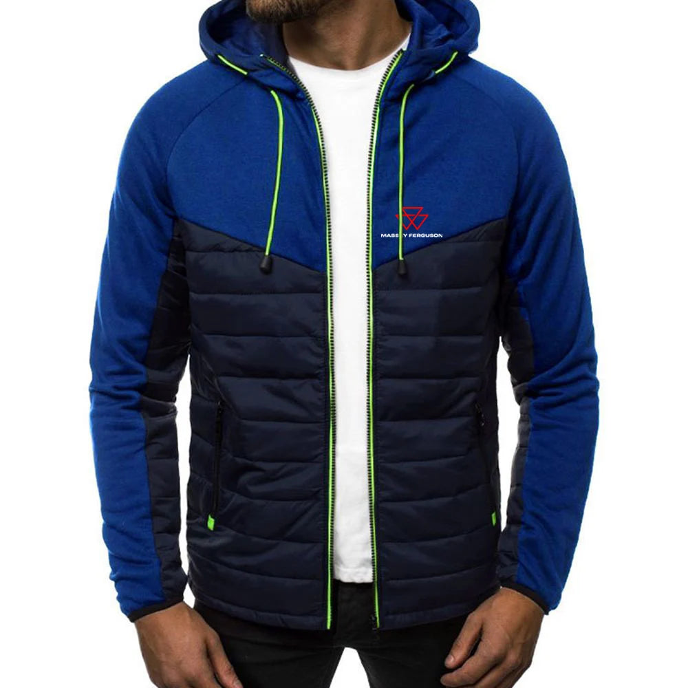 Massey Ferguson 2024 Men Printing New Autumn Warm Patchwork Hip Hop Seven-color Cotton-padded Jacket Hooded Tops