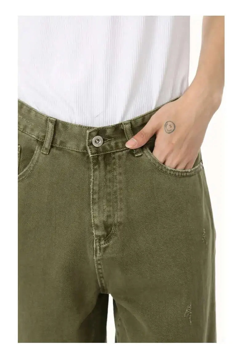 Men's Green Loose-Fit Straight-Leg Jeans
