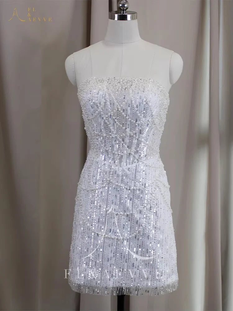 Customized Short Pearls Beading Wedding Dress Strapless Evening Gown Mini Skirt Backless Formal Party Dresses