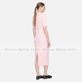Customized Pink Cocktail Dress Short Sleeves Point Collar Modern Party Gowns Midi Tea Length Simple Women's Formal Dresses 2026