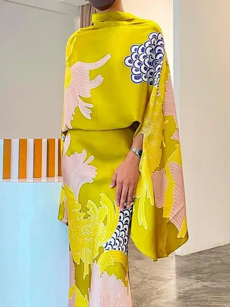 Yeezzi Floral Batwing Blouse & High-Waist A-Line Skirt