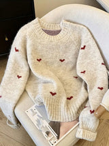 Women's Heart Print Round Neck Sweater