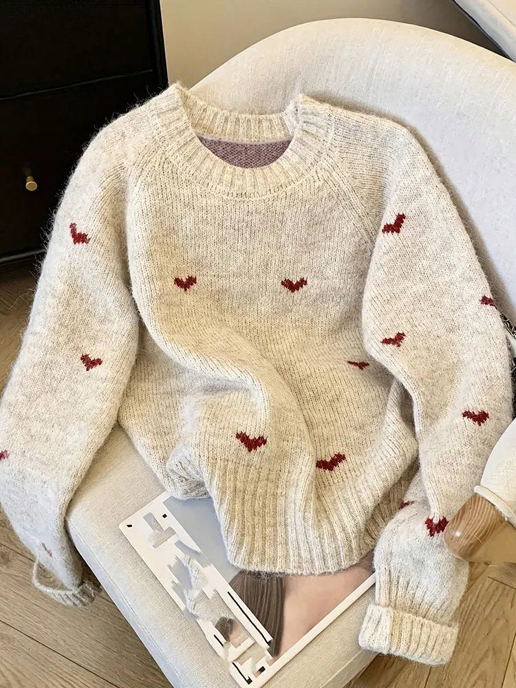 Women's Heart Print Round Neck Sweater