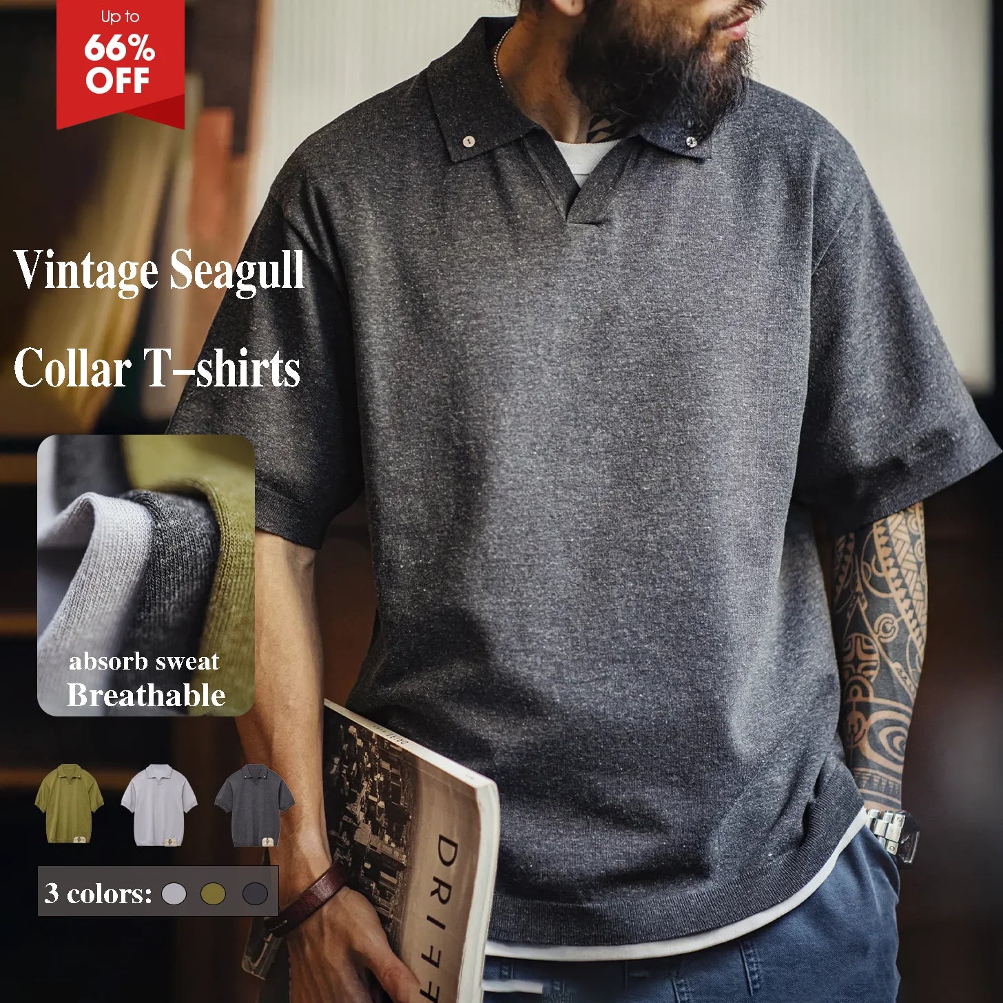 Maden Vintage Seagull Collar Polo Shirt for Men