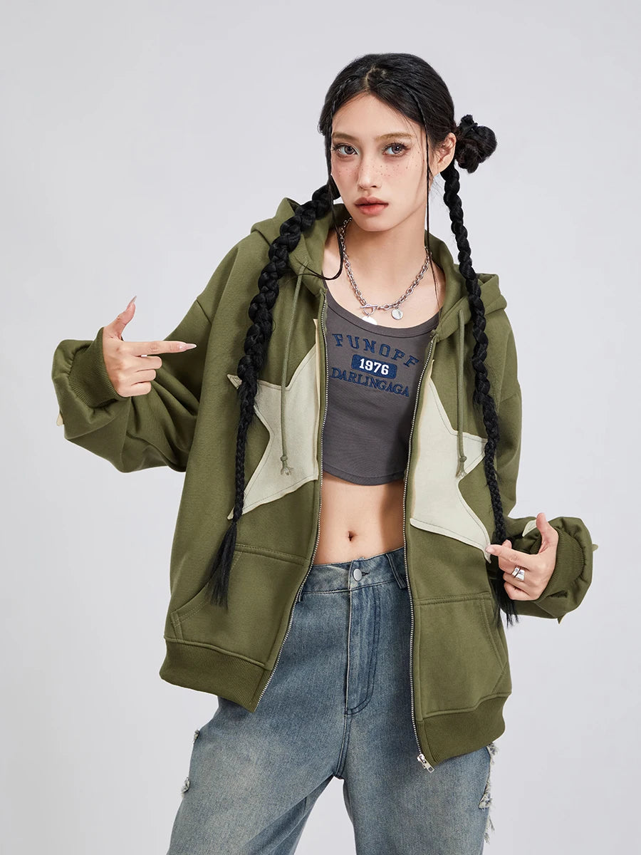Women's Y2K Star Print Zip-Up Hoodie