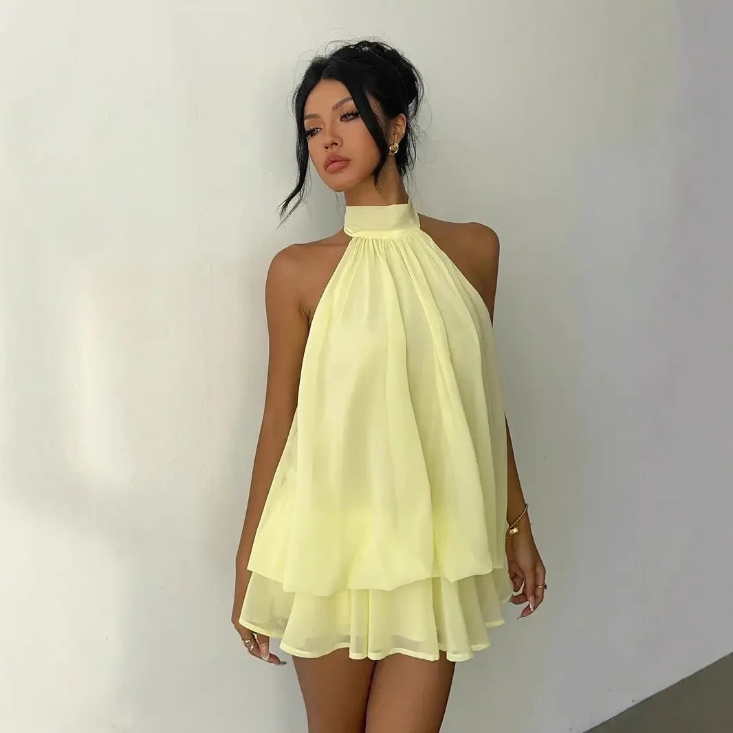 Women's Halter Neck Backless Tie-Front Mini Dress