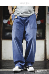 Maden Men‘s Vintage Washed Denim Jeans Blue Cotton Canvas Workwear Zipper Pants Loose Fit Casual Trousers for Spring and Autum