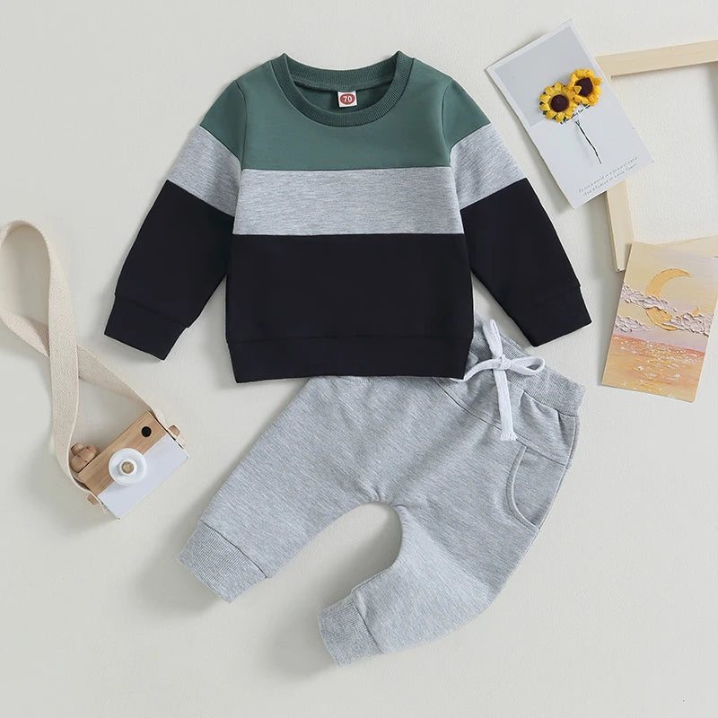 Toddler Boy Color Block Sweatsuit | 2-Piece Cotton Fall/Winter Outfit (0-3T)