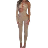 Women's Rhinestone Patchwork Hollow-Out Single Sleeve Jumpsuit