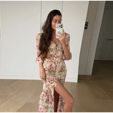 Print Chiffon Long Dress Women V Neck Half Sleeves High Waist Ruffles Belts Split Robe Female 2026 Summer Chic Vacation Dresses