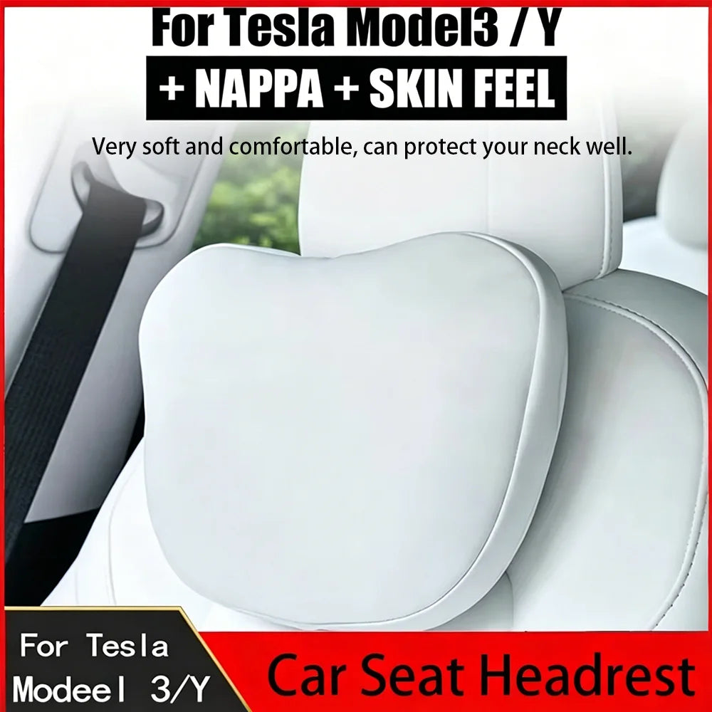 OULEX For Tesla Model 3 Y/Juniper Flocking/Leather Car Seat Neck Pillow Soft Memory Neck Pillow High-Quality Headrest Support