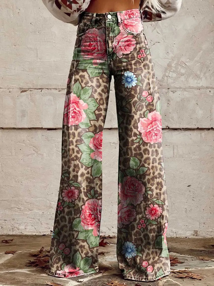 Women’s Retro Denim-Print Flared Trousers | USA Street Style Leg-Lengthening Tall Pants