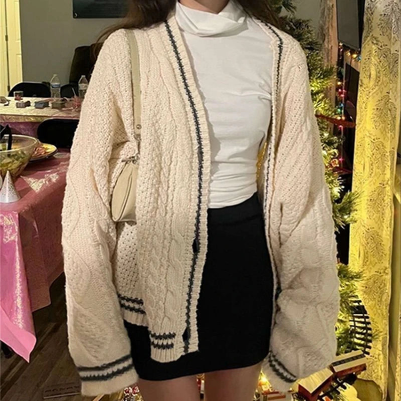 Chic Vintage Star Print Knit Cardigan - V-Neck Aesthetic Preppy Sweater