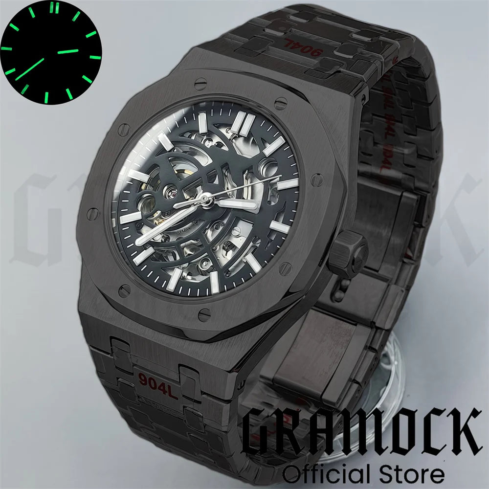 Gramock 41mm NH70 Watch Hollowed Out Dial Sapphire Crystal With Green Luminous NH70 Automatic Mechaninal Movement Waterproof