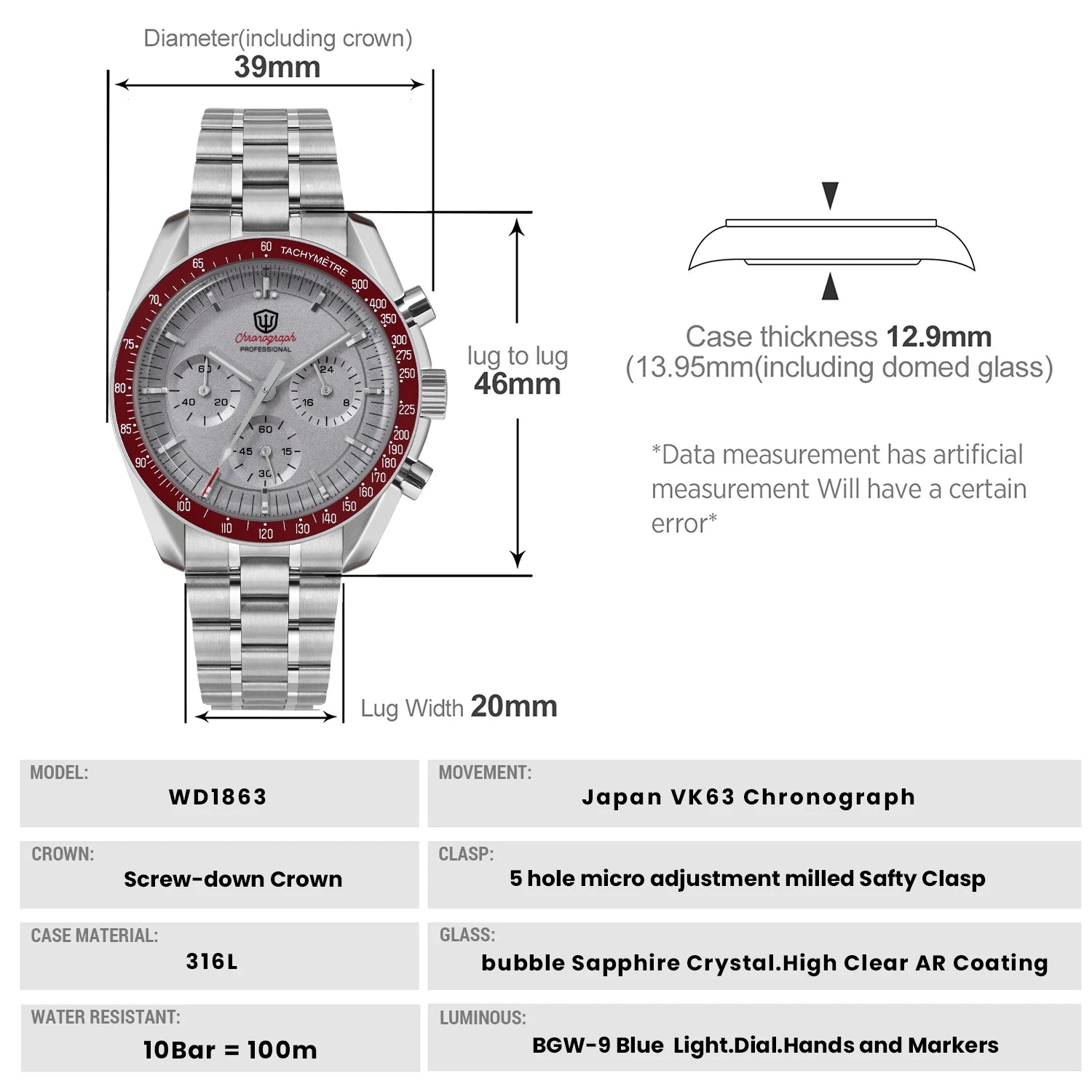 Watchdives WD1863 39mmMen's Watch VK63 Quartz Timing Movement Bubble Sapphire Crystal Night Light Retro Watch 10Bar Waterproof