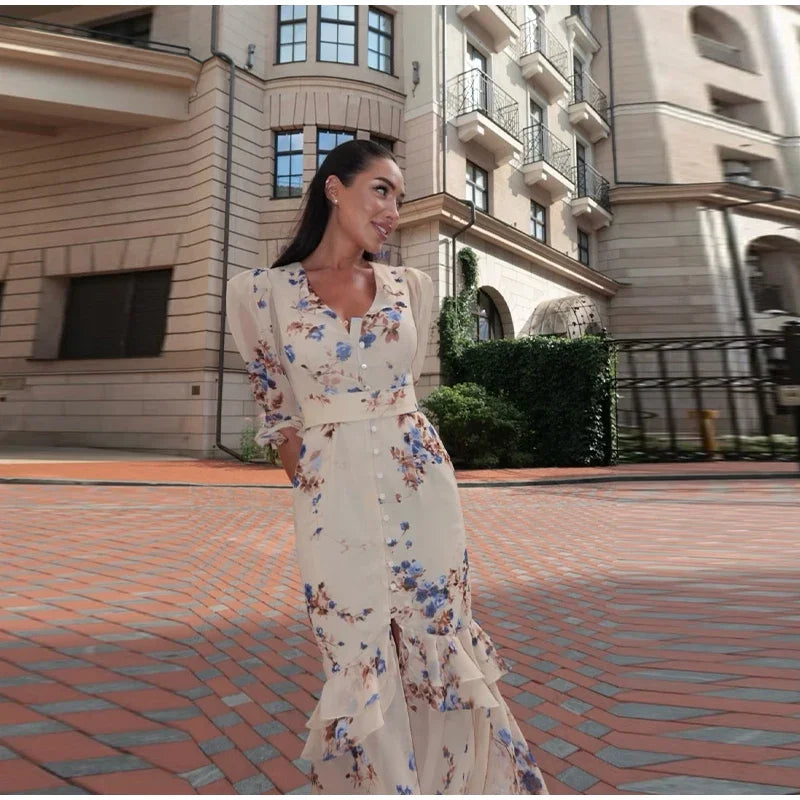 V Neck High Split Half Sleeve Slim Long Dress Print Waist Cinching Ruffle Hem Maxi Robes 2026 Women Party Vacation Vestidos