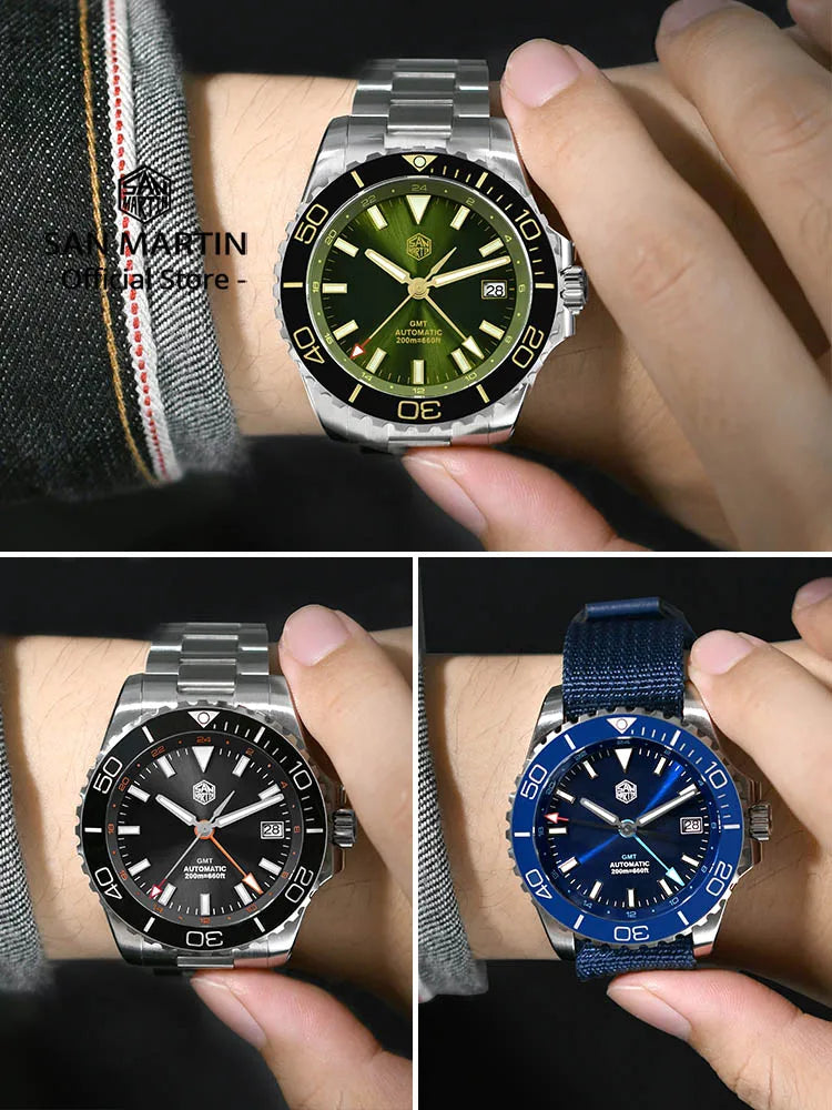 San Martin 39mm Diver GMT Watch Enamel Dial NH34 Stainless Steel Luxury Men Watch Automatic Mechanical Sapphire Luminous SN0136