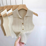 Summer Turn Down Collar Gold Button Slim Knitted Sweater Vests Elegant Knitwear Tank Tops BSTFSC-m1948