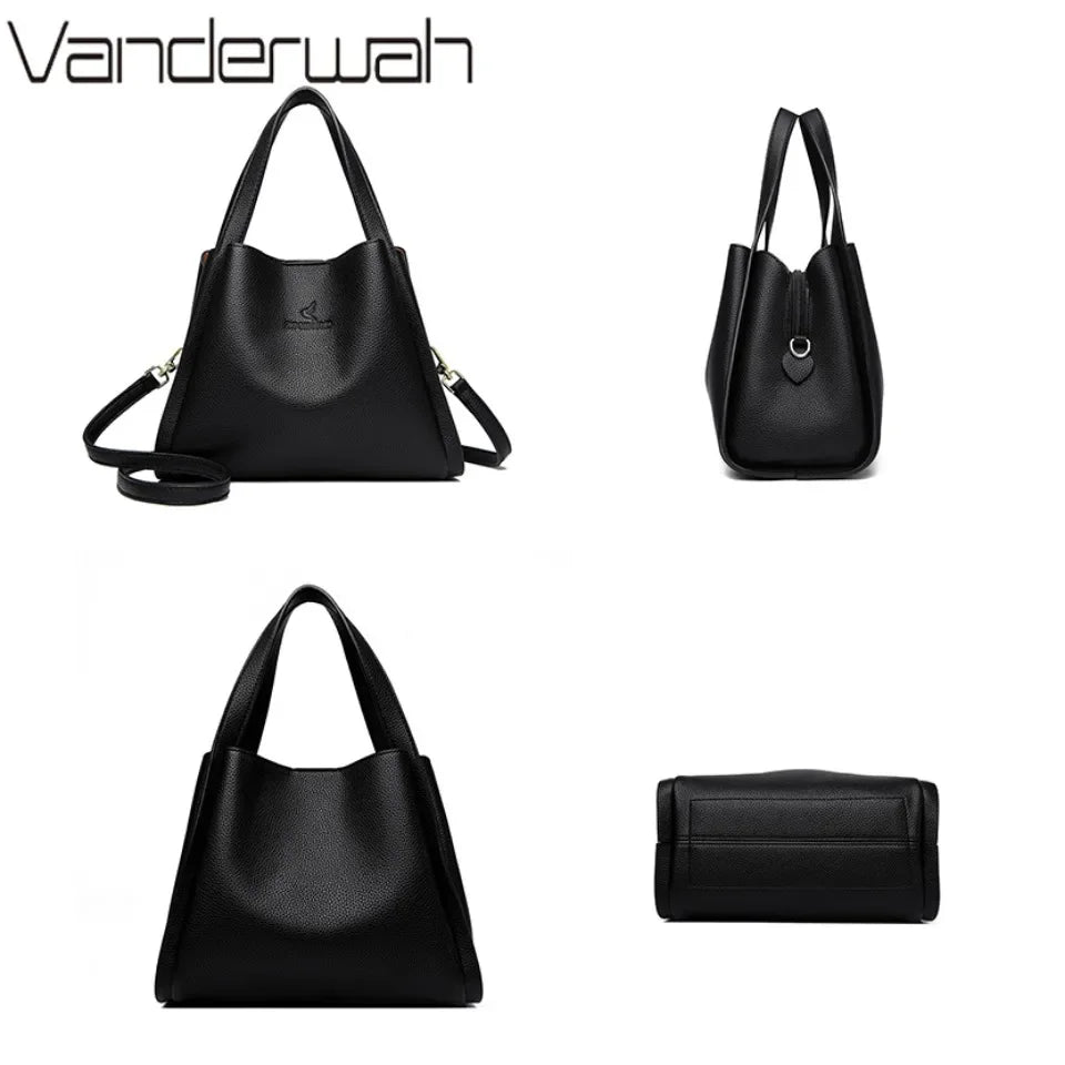 Genuine Brand Sturdy Durable Soft Leather Top-handle Bags Female Handbags Women 3 Layer Shoulder Crossbody Totes Messenger Bag