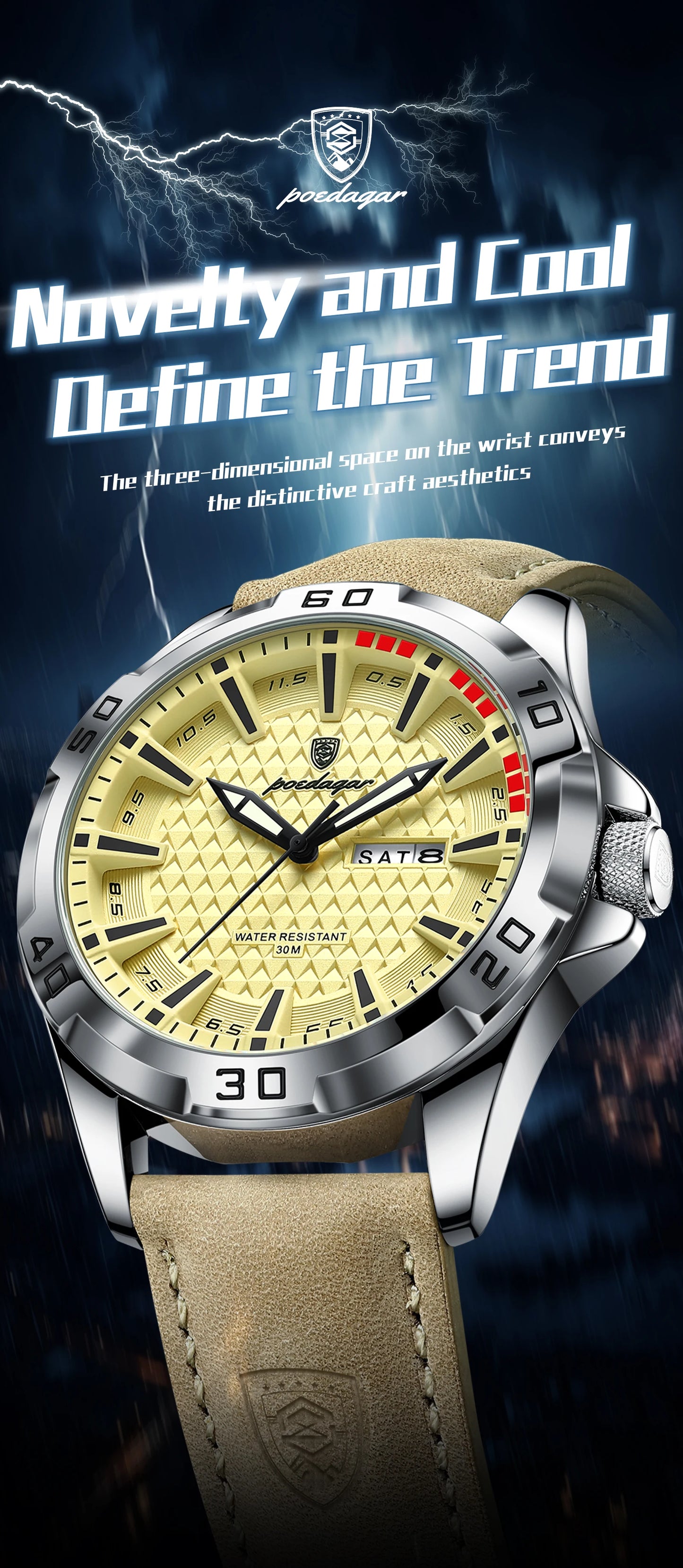 POEDAGAR Original Business Man Wristwatch Waterproof Luminous Date Week Casual Watch For Men Quartz Leather Luxury Fashion Men's Watches Reloj