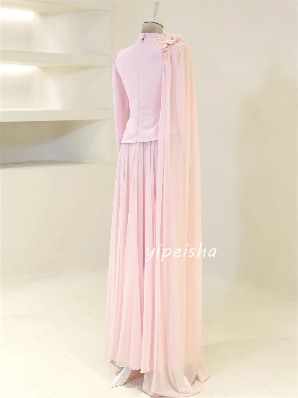 Customized Formal Women Chiffon Handmade Flower Ruched A-Line Evening Dresses Classic Arabic High Collar Long Sleeves Party Gown