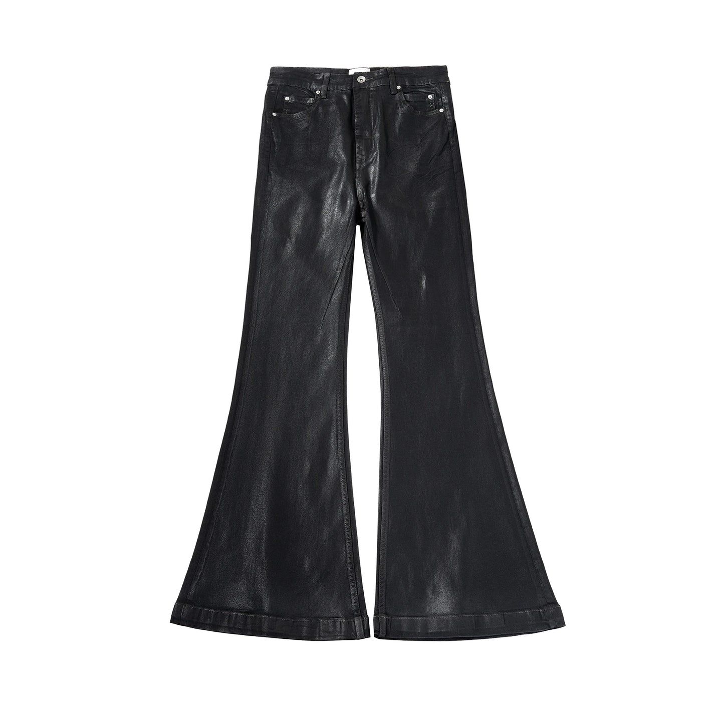 Black Waxed Leather Stretch Flare Jeans