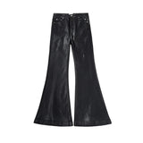 Black Waxed Leather Stretch Flare Jeans