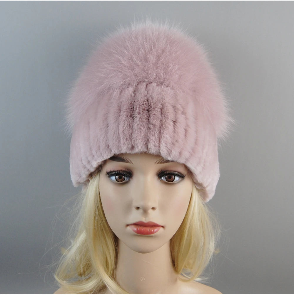 Women's Luxury Rex Rabbit & Fox Fur Beanie Hat