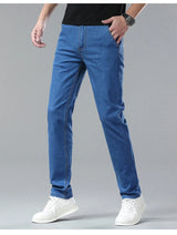 Light Blue Classic Business Casual Cotton Pants Fashion Breathable Denim Elastic Trousers Brand Men's Clothing Straight Jeans