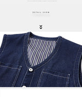 Men Jean Vest Outerwear Denim Waistcoat Multi-pocket Cargo Denim Jacket Blue Sleeveless Coat Retro Fashion Motorcycle Vest