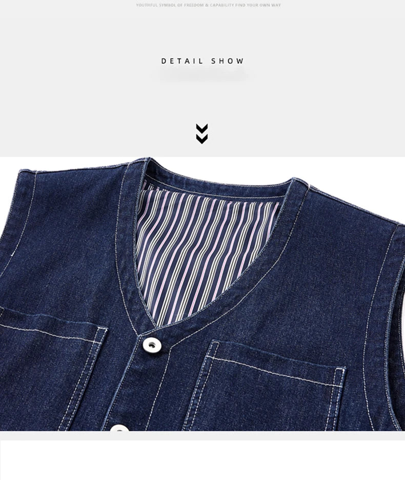 Men Jean Vest Outerwear Denim Waistcoat Multi-pocket Cargo Denim Jacket Blue Sleeveless Coat Retro Fashion Motorcycle Vest