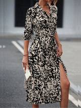 Elegant Print Belted Midi Dress