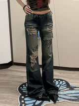 Women's High-Waist Rivet Distressed Straight-Leg Jeans