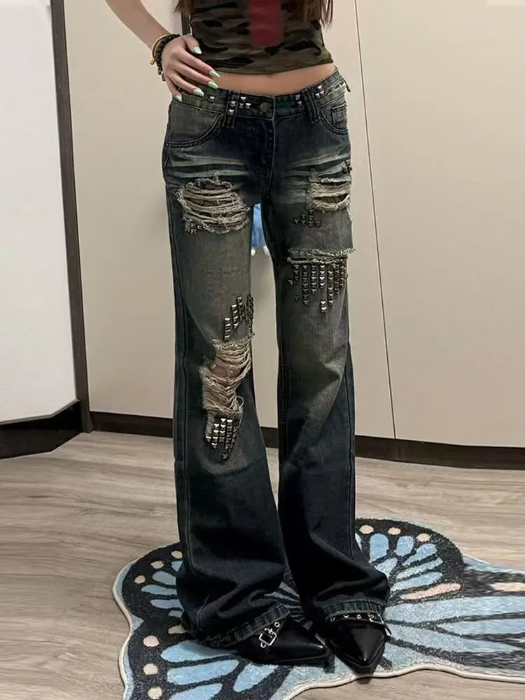 Women's High-Waist Rivet Distressed Straight-Leg Jeans