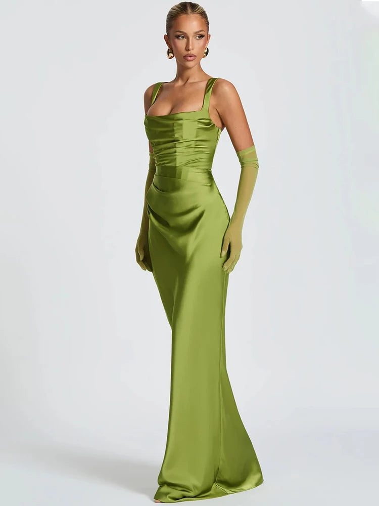 Elegant Backless Satin Maxi Dress – Sleeveless Halter Bodycon Party Gown